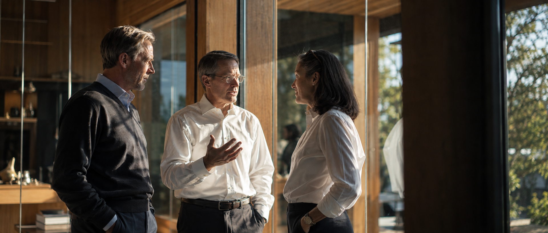 Three business professionals in conversation in a bright wooden office