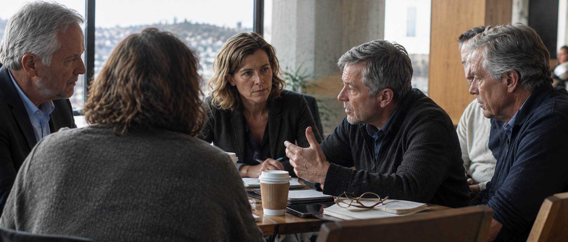 Group of business owners around a table in open discussion