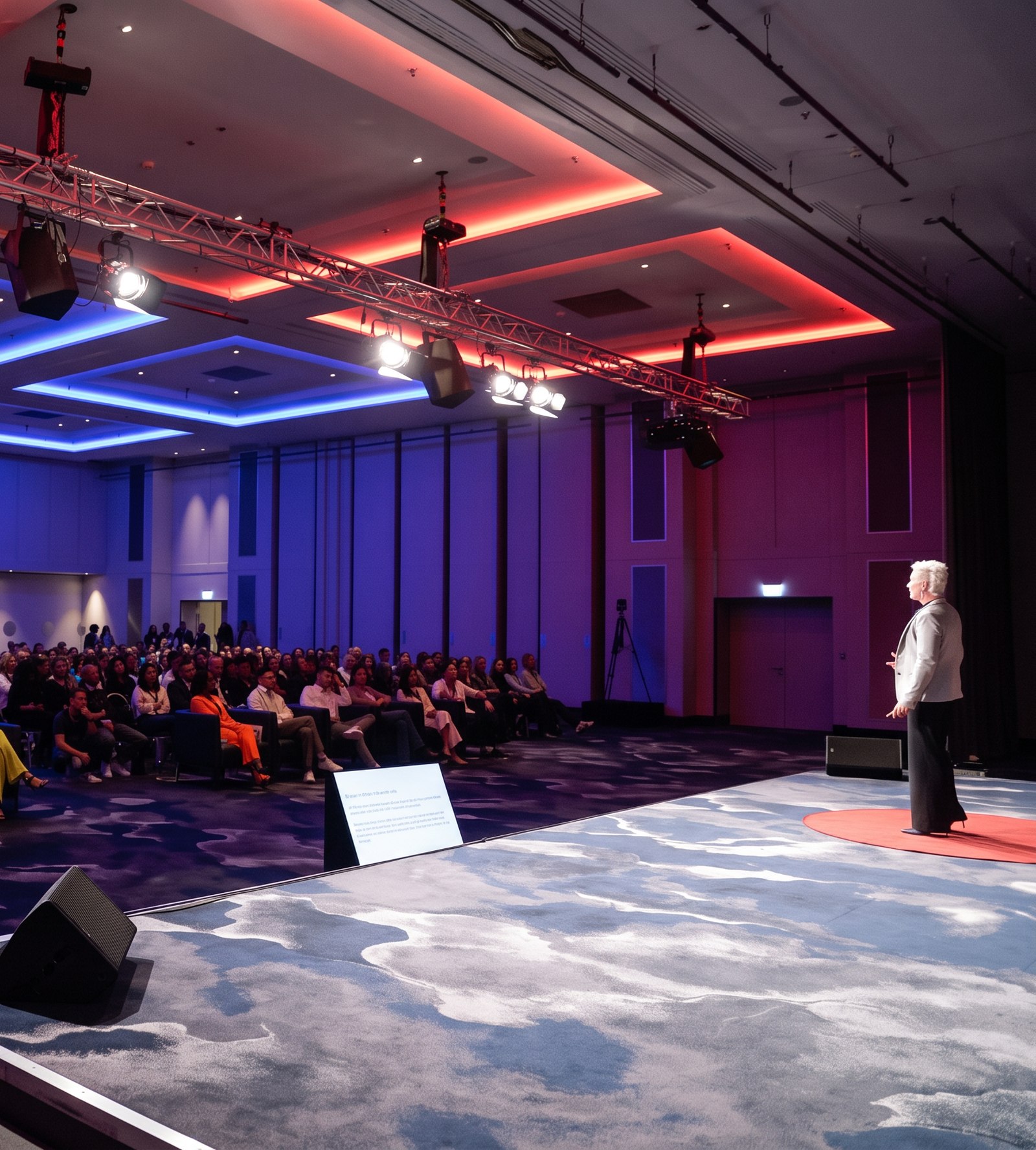 Brigitta Hoeferle on stage in front of a full room of business owners